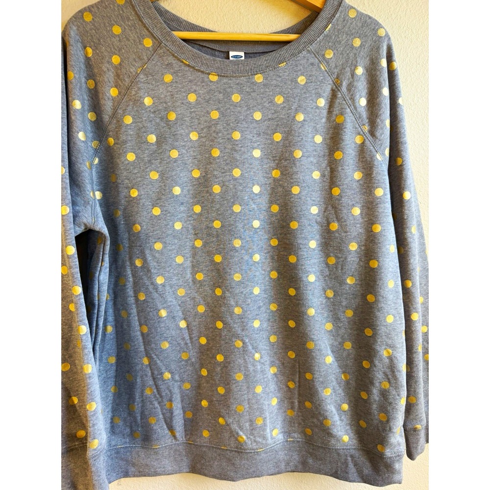NWT Old Navy Women's L Gray Crewneck Fleece Pullover Metallic Polka Dot Raglan